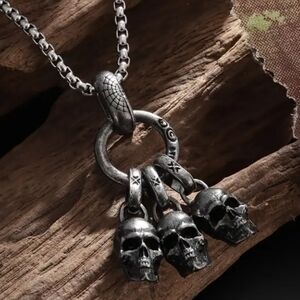 Antique Silvertone Skull Pendant Necklace for Men
